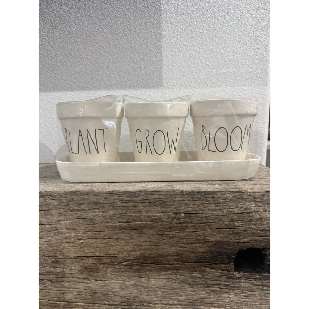 Rae Dunn Artisan Collection Ceramic Four Piece Planter Set “Plant Grow Bloom”